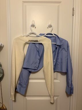 Cream Shrug Bolero with Blue Striped Crop Shirt bundle